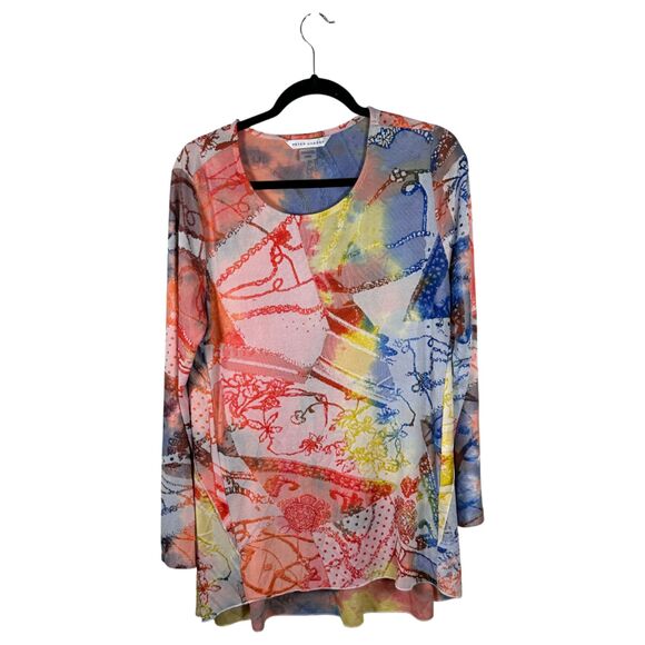 Peter Nygard Bright Colorful Art to Wear Abstract Mesh Burnout Tunic Top Medium - Picture 1 of 5